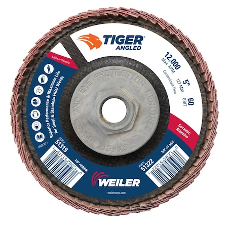 Weiler 5 Tiger Angled (Radial) Ceramic Flap Disc 60C 5/8-11 Nut 51322